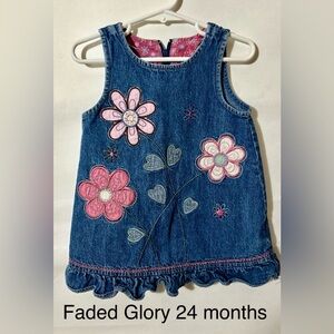 Faded Glory Blue Denim Dress with Pink Floral Design